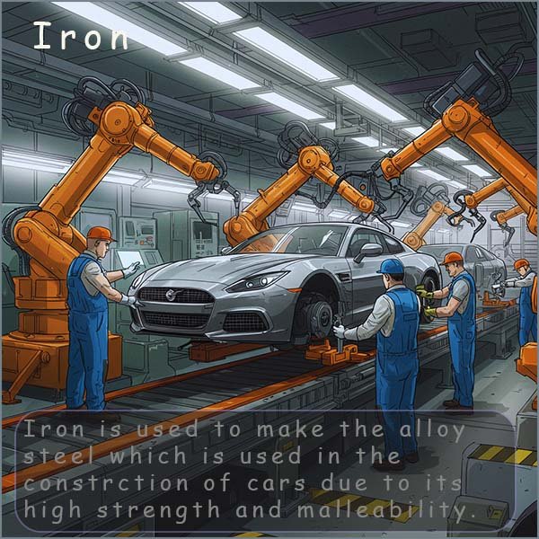 Cars on the assembly line, steel is used to make cars because it is strong and malleable.